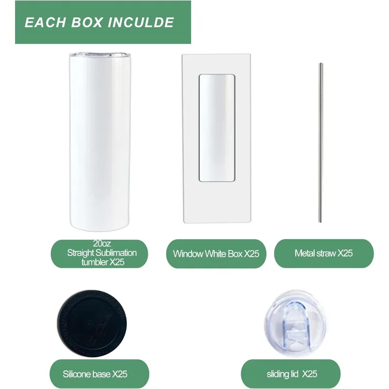 25pack 20oz sublimation straight tumbler bluk double wall stainless steel vacuum cup with metal straw and silding lid for wholes