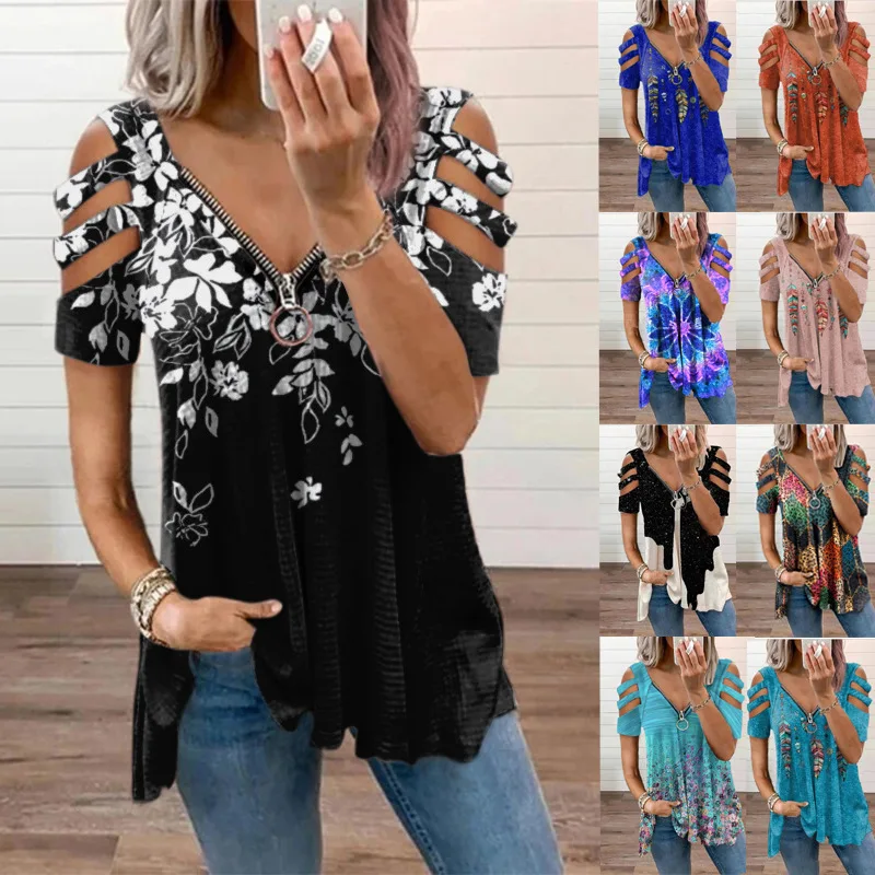 T shirt women 2026 fashion V-neck zipper floral printed short-sleeved loose T-shirt top tshirt XXXXXL women's clothing