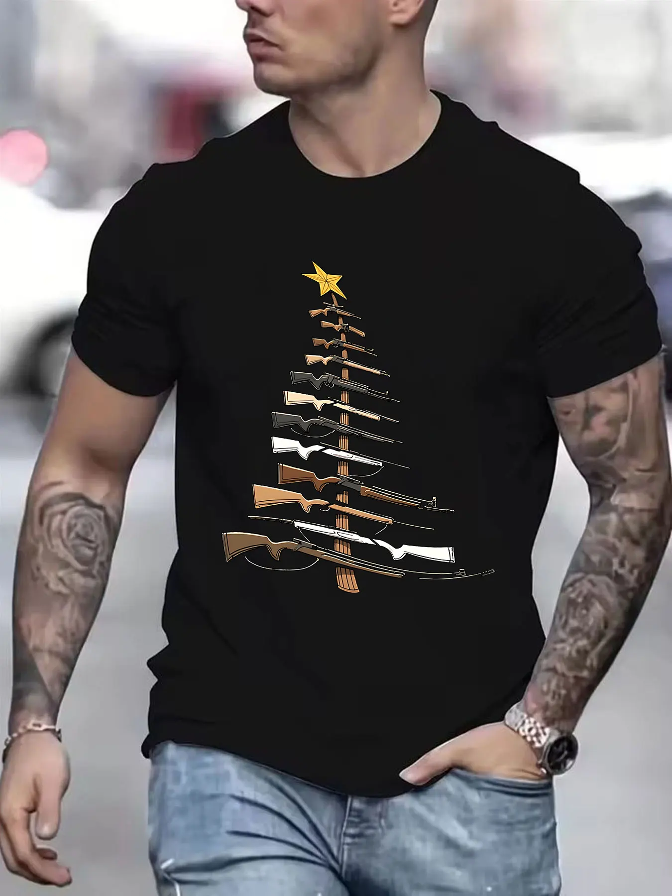 

Men'S T-shirt Christmas Tree Made Of Guns Breathable ease rebellion leisure Shirt Funny Father Dad Christmas Gift T-Shirt-gift T