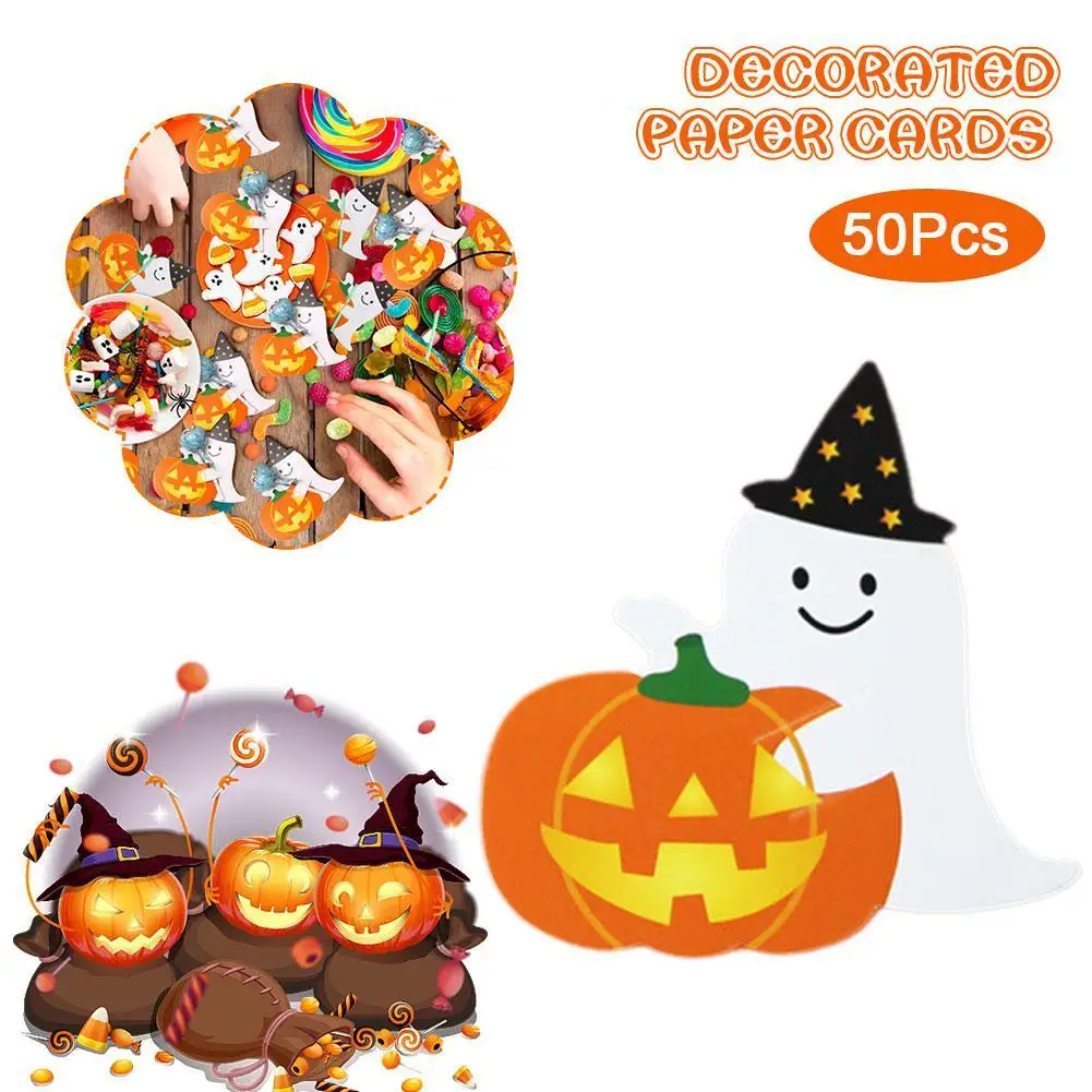 50 pezzi di carte di stoccaggio di zucca di Halloween Carte di imballaggio di caramelle per bambini Dolcetto o scherzetto Decorazione carina di Halloween fai da te
