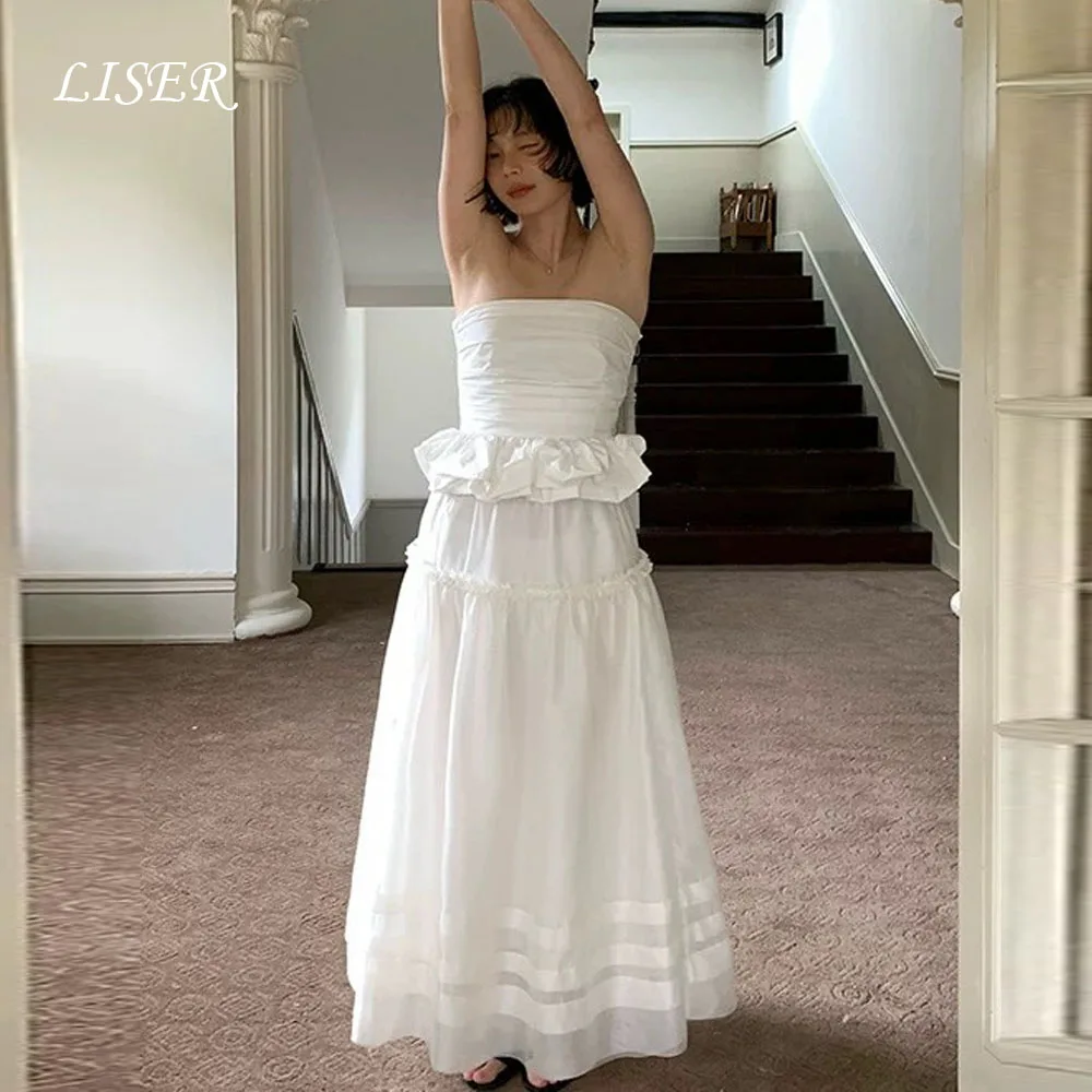 Liser Modern A-Line Simple Korea Wedding Dresses Strapless Silk Satin Long Elegant Bridal Gowns Photo Shoot 저녁 드레스 Customize