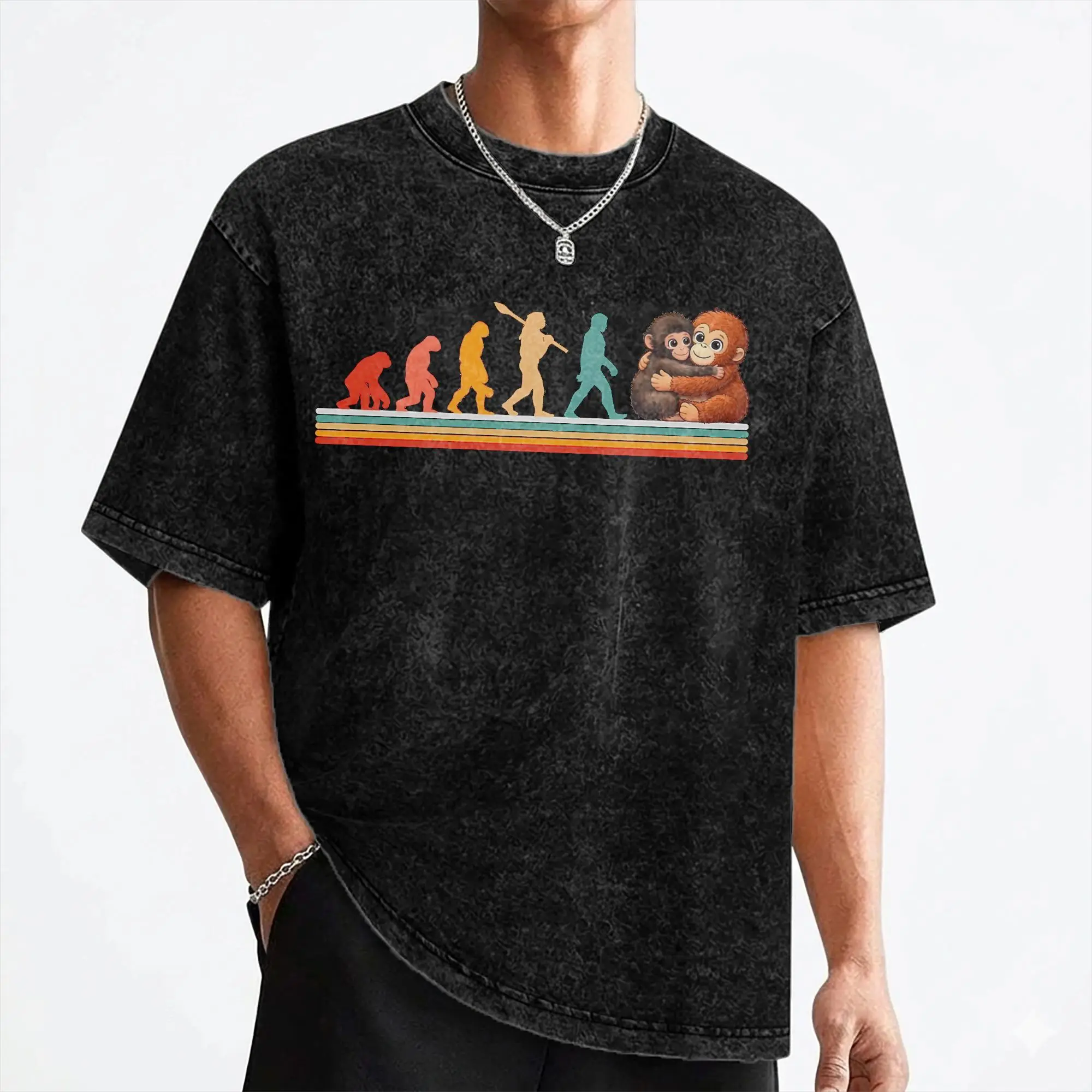 Funny Evolution Hugging Monkey Punch Primate Science T Shirt Washed Cotton T-Shirts Men Women Streetwear Printed Tee Shirt