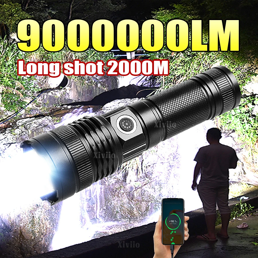 9000000LM USB Rechargeable Flashlights 2000M Lighting Super Bright LED Torch 4000mAh High Power LED Flashlight Tactical Lantern