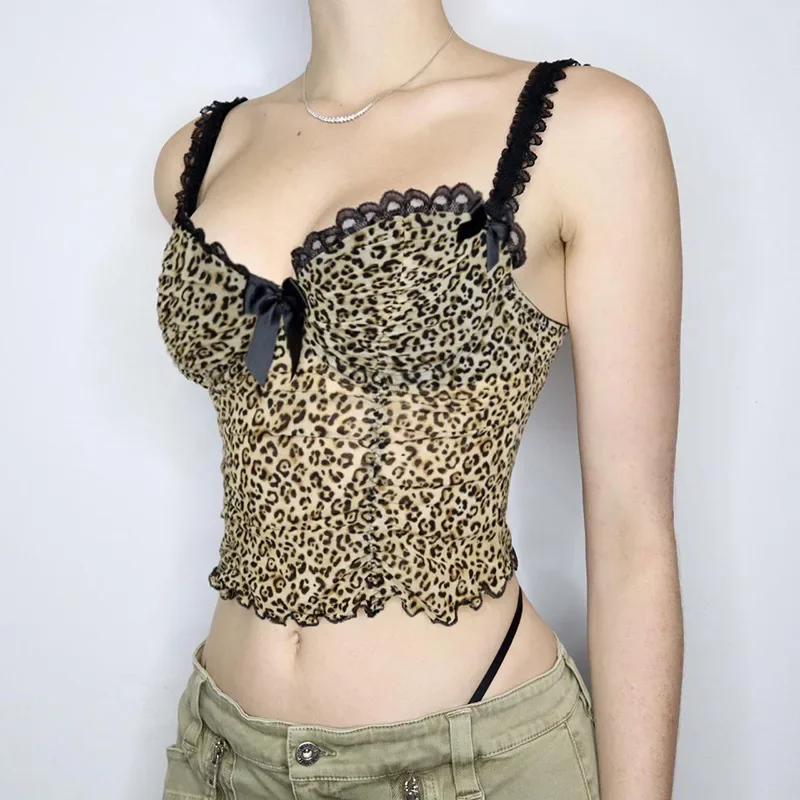 Vintage Leopard Print Crop Top Sexy Contrast Color Bow Lace Patchwork Camis Sexy Night Party Club Wear Grunge Corset