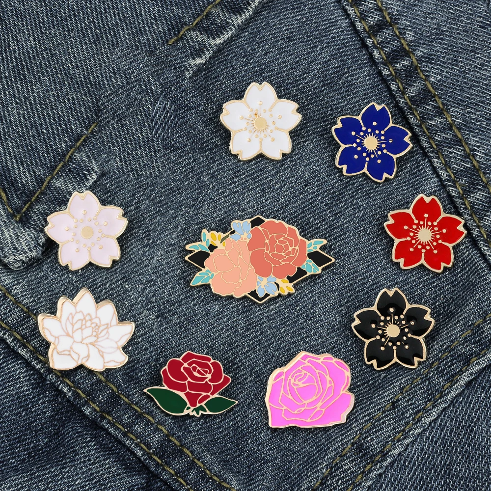 Romantic Flower Series Enamel Pins Sweet Red Rose Cherry Blossom Lotus Brooches Women Jewelry Lapel Pin Badge Anniversary Gifts