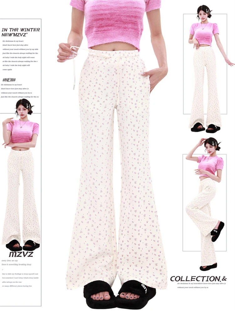 

WCFCX STUDIO Fashion Vintage Floral Flare Pants Women Elastic Waist Loose Straight Wide Leg Pants 2024 Summer New Casual Trouser