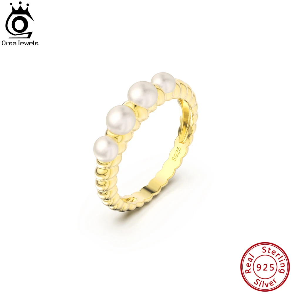 

ORSA JEWELS Round Pearl Finger Rings For Women 925 Sterling Silver Elegant Gold Color Fashion Jewelry Anniversary Gift GPR13