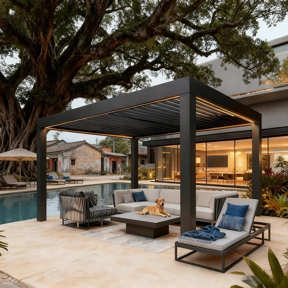 gh-Angled Folding Slatted Roofing Canopy Awning With Metal Materials Fixed Clear Sunroof And Pergola