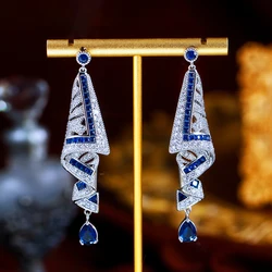 ThreeGraces Luxury Shiny Blue Zirconia Ribbons Design Long Wedding Bridal Earrings Women Elegant Evening Party Jewelry E1945