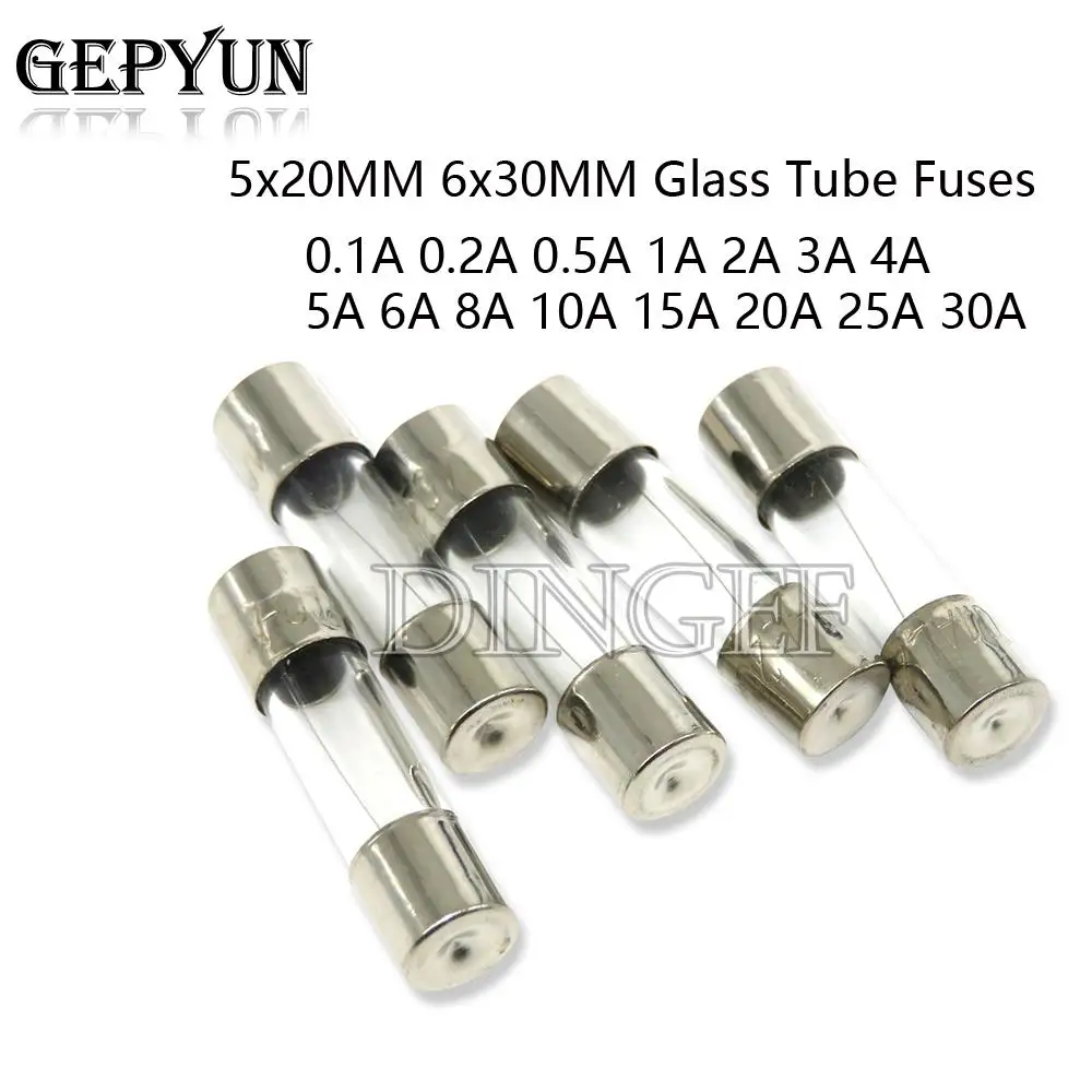 10PC 5*20mm 6*30mm Fast Blow Glass Tube Fuses 5x20mm 6x30mm 250V 0.5A 1A 2A 3A 4A 5A 6A 8A 10A 15A 20A 25A 30A 0.75A AMP Fuse