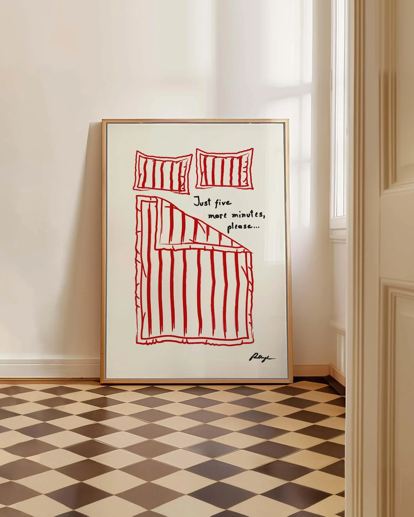 Just 5 more minutes Wall Atr print: Hand-Drawn Bedroom Art, Funny Stay in Bed Poster