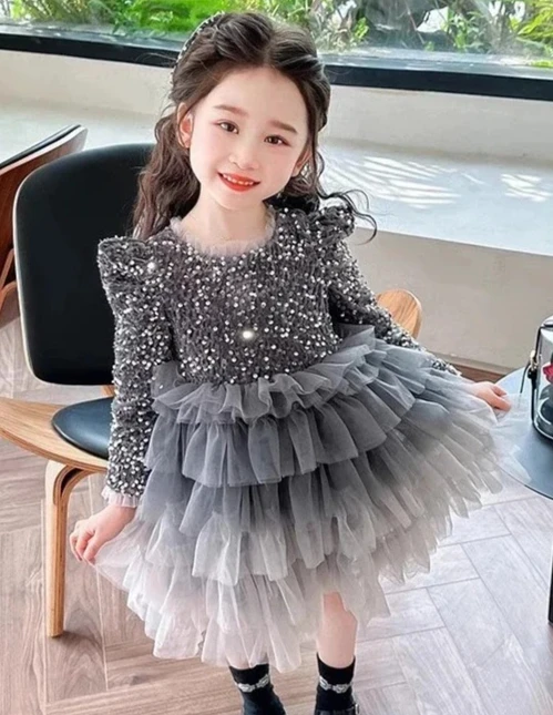 Girls Dress Sequins And Velvet Cake Dress Autumn And Winter Clothing New Princess Skirt Children Clothing With Headband