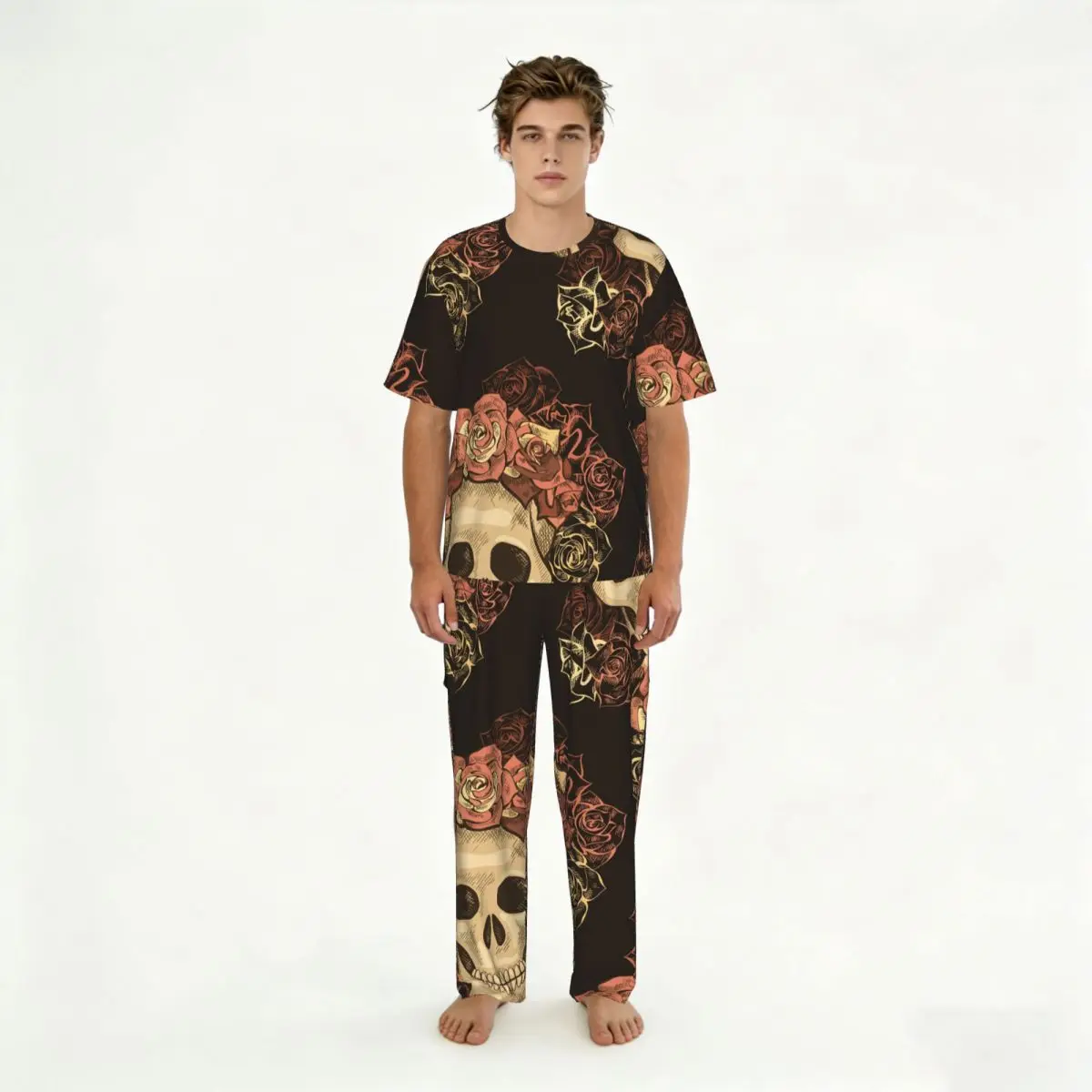 

Men Pajamas Set Vintage Day Of The Dead Roses And Skull Short Sleeve Spring Summer Lounge Sleepwear Male Nightwear