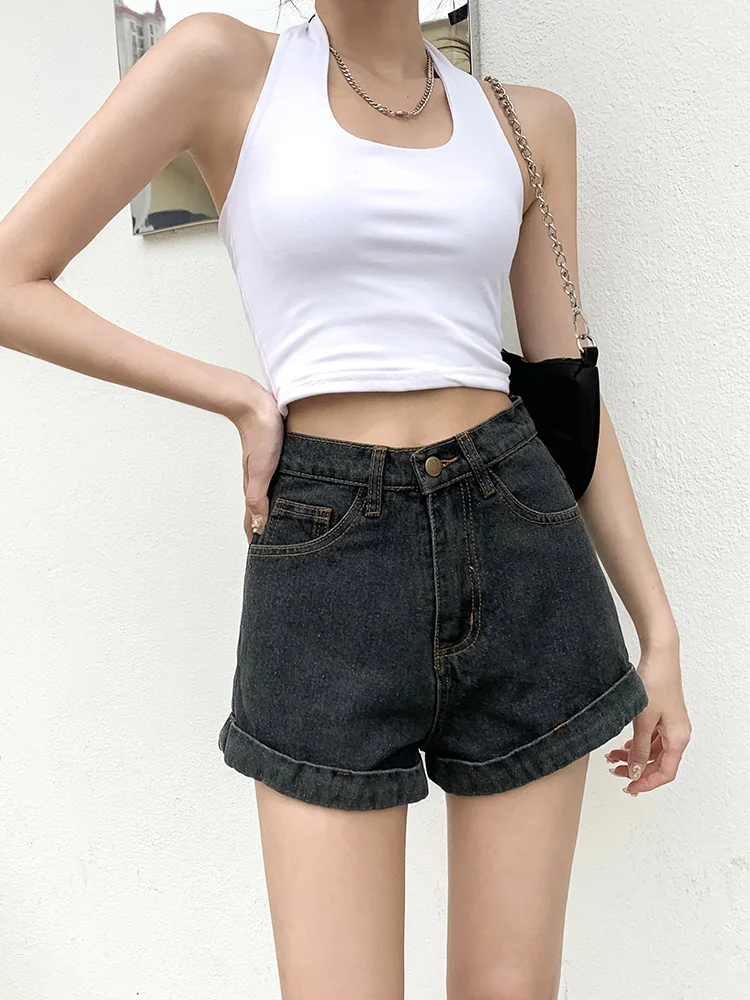 Gray Denim Short Shorts Women Summer New High Waist Loose A-Line Korean Version plus Size Cuffed Hot Pants Outerwear