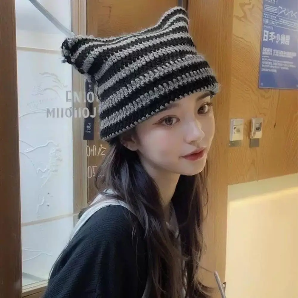 

Winter Warm Ear Protection Beanies Pointed Pullover Hat Wool Knitting Cat Ears Cap Handmade Crochet Soft Y2K Striped Knitted Hat