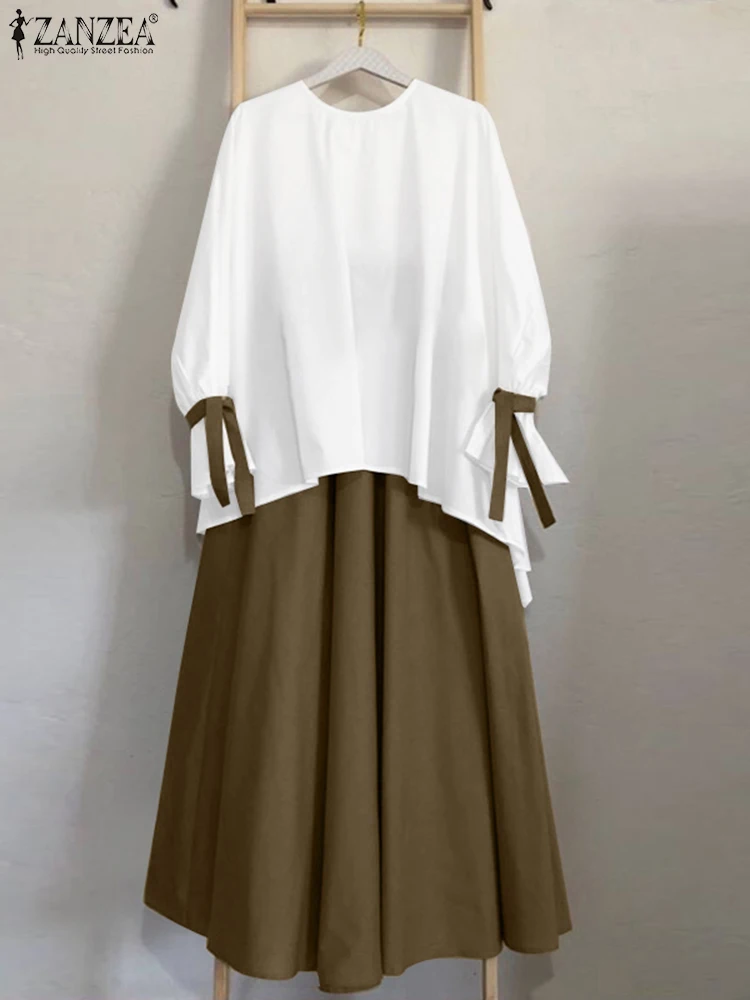 

Casual Loose Bowtie Top Suit ZANZEA Women 2pcs Dress Sets Fashion Midi Skirt Outfits 2025 Summer Colorblock Holiday Matching Set