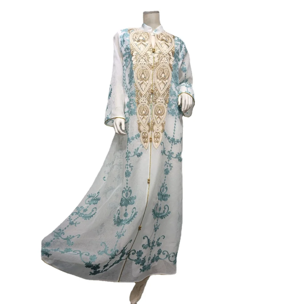 

Morrocan Kaftan Dress White Blue Embroidered Long Sleeve Modest Muslim Abaya Dubai Turkey Women Dresses