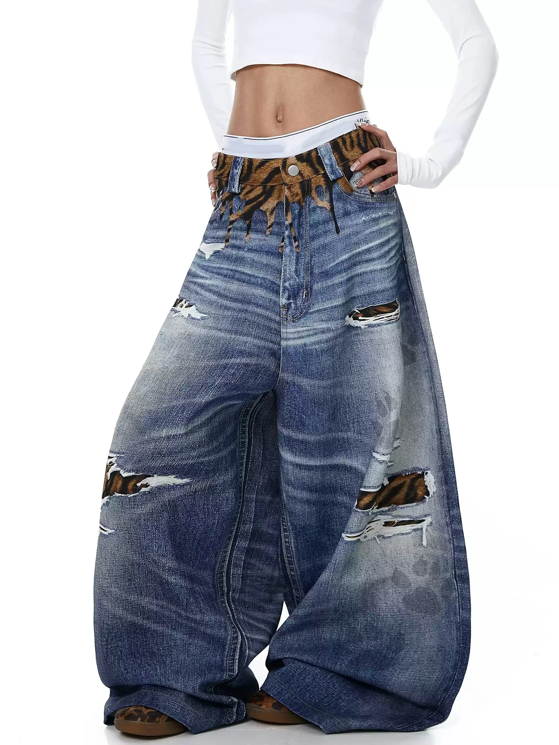 Модные джинсы унисекс в американском стиле с тигровым принтом, рваные, с широкими штанинами, из денима с эффектом потертости