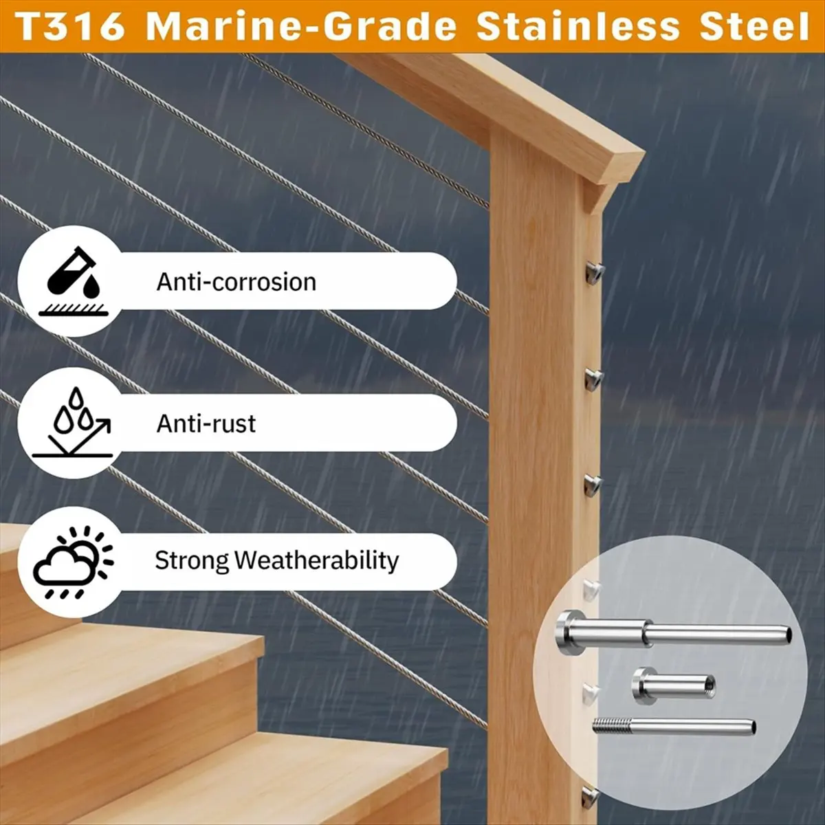 ABJS  Cable Railing Kit -20Pcs 1/8In T316 Stainless Steel Receiver Swage Stud End for 2In X 2In Metal Post