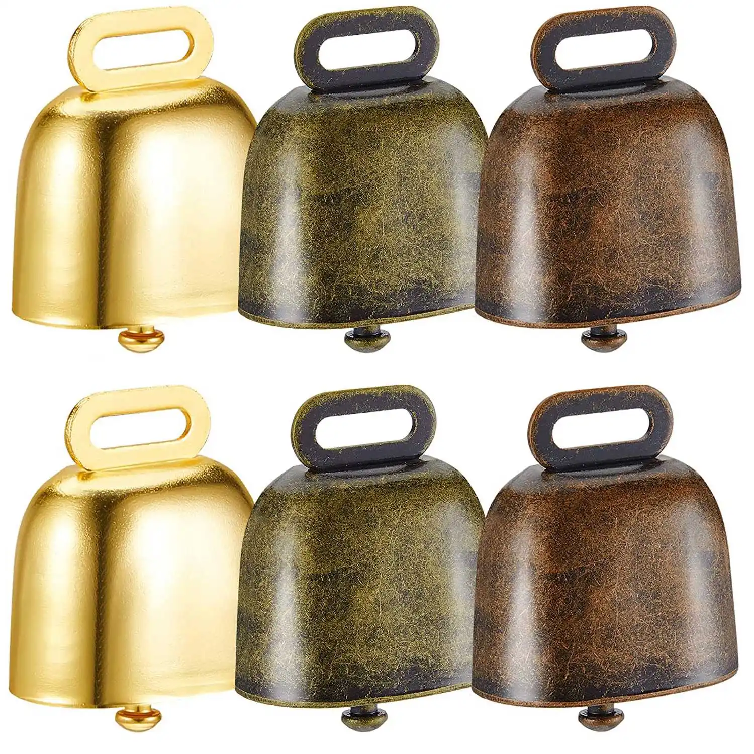 6 Pieces Cow Horse Sheep Grazing Small Brass Bells Cowbell Retro Bell for Grazing Copper(Green Bronze, Red Bronze, Gold)