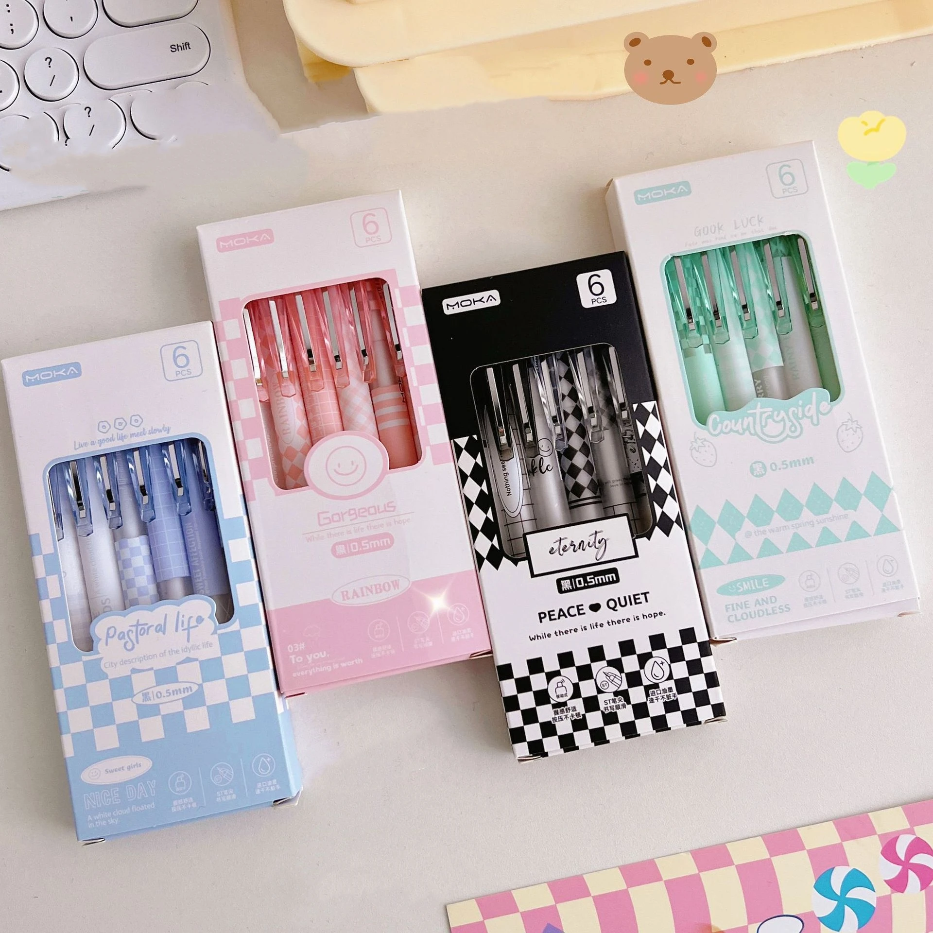 6pcs Checkerboard Gel Pens Set Only Cream Check 0.5mm Ballpoint Black Color Ink for Writing F7450