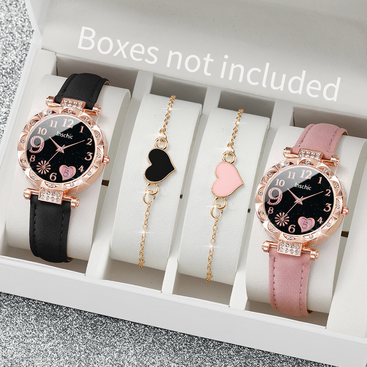 2/4/6PCS Fashion Women Watches Luxury Rhinestone Heart Dial Quartz Watch Leather Band Wristwatches Bracelet Set（Without Box）