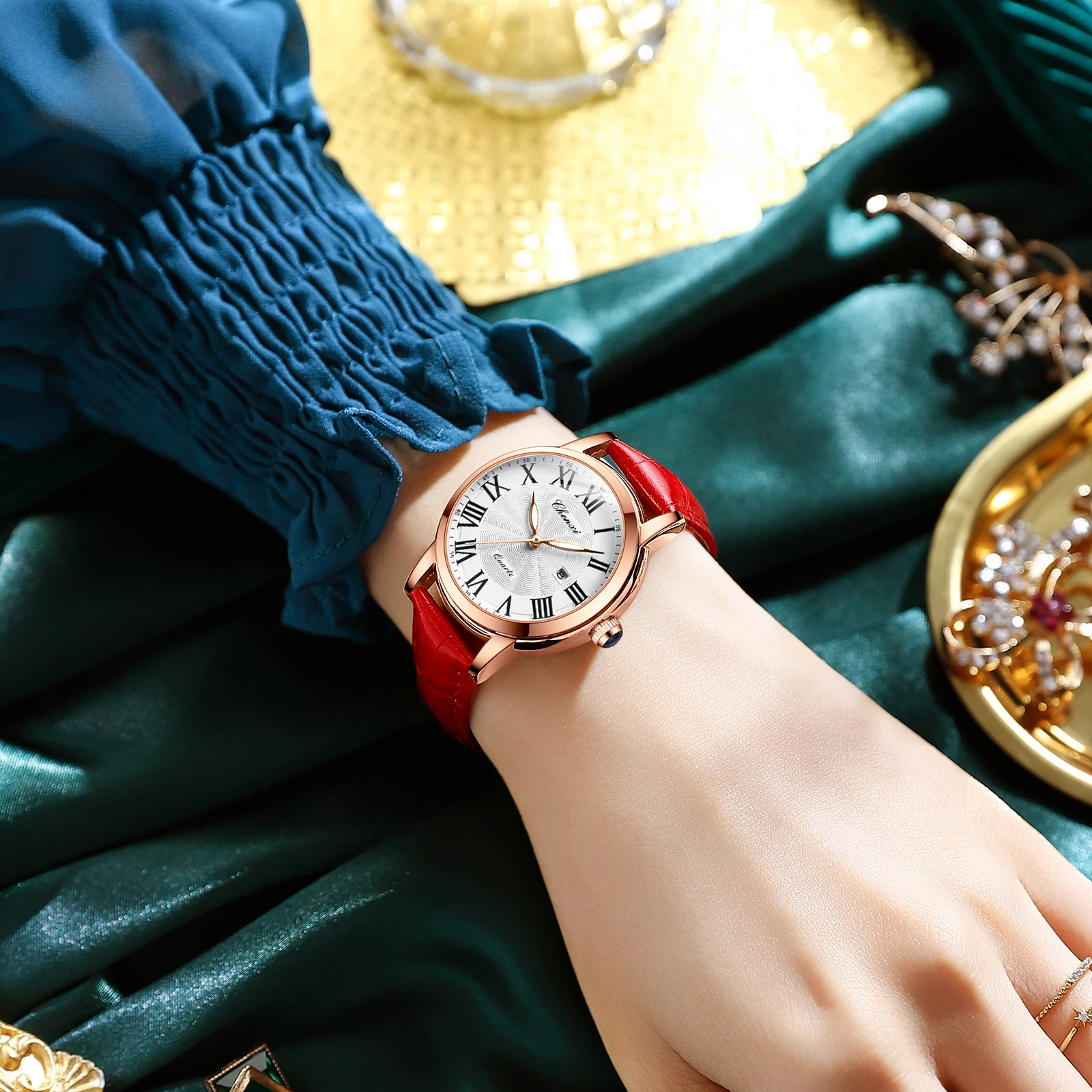 CHENXI 301L Reloj de cuarzo para mujer Moda Simple Rojo Amarillo Verde Negro Marrón Correa de cuero Reloj con fecha Regalo de cumpleaños para mujer