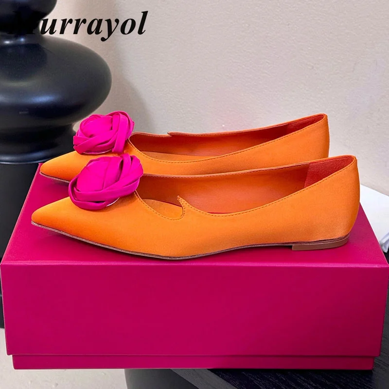 Lazy Loafers Pointed Toe Shallow Mouth Satin Flower Decor Flat Shoes Women Four Seasons  Office Commuting Shoes Driving Shoes