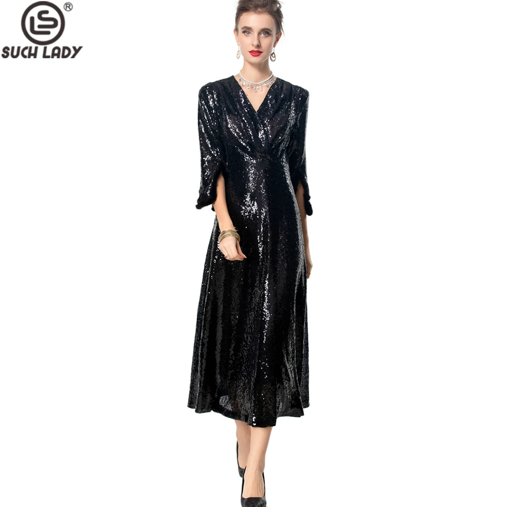 

Women's Dresses Sexy V Neck 3/4 Sleeves Sequined Elegant Fashion Designer Party Prom Gown
