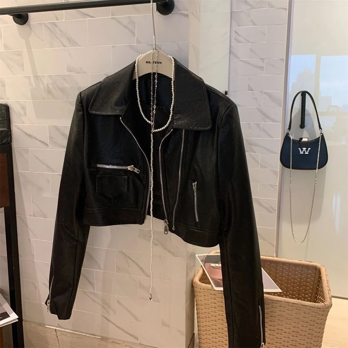 

Leather Jacket for Women Faux Zipper Leather Jacket Luxury Faux Jacket with Stand Collar Fashion Demi-season Jacket for Women