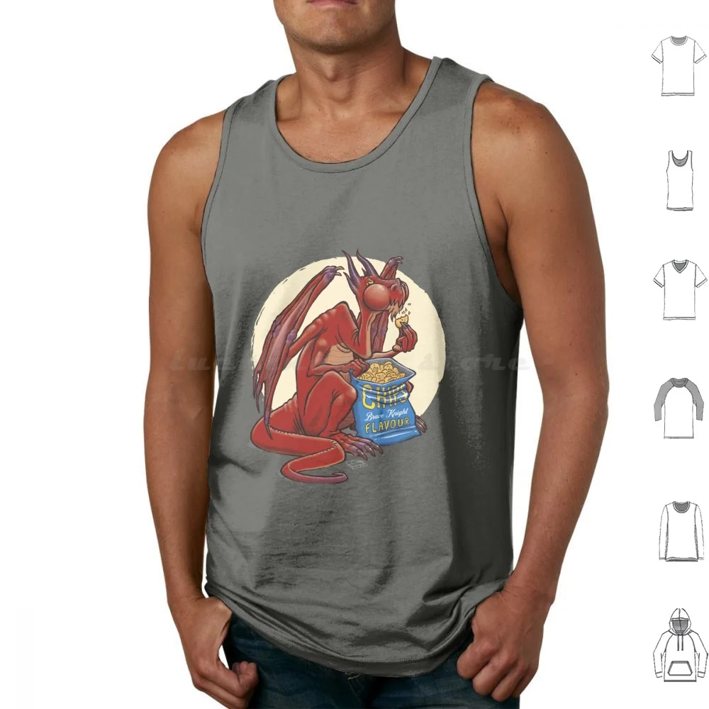 Chips Eating Dragon Tank Tops Print Cotton Dragon Chips Humor Med Fan Medieval Fantasy D D And Fun Cartoon Comic