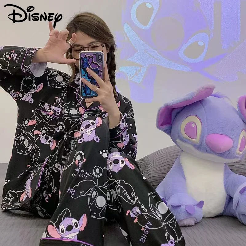 Disney Stitch Cartoon 2 Pcs Pajamas Sets for Women In Spring And Autumn, Long Sleeved And Sweet Pjs for Students Homewear Suit