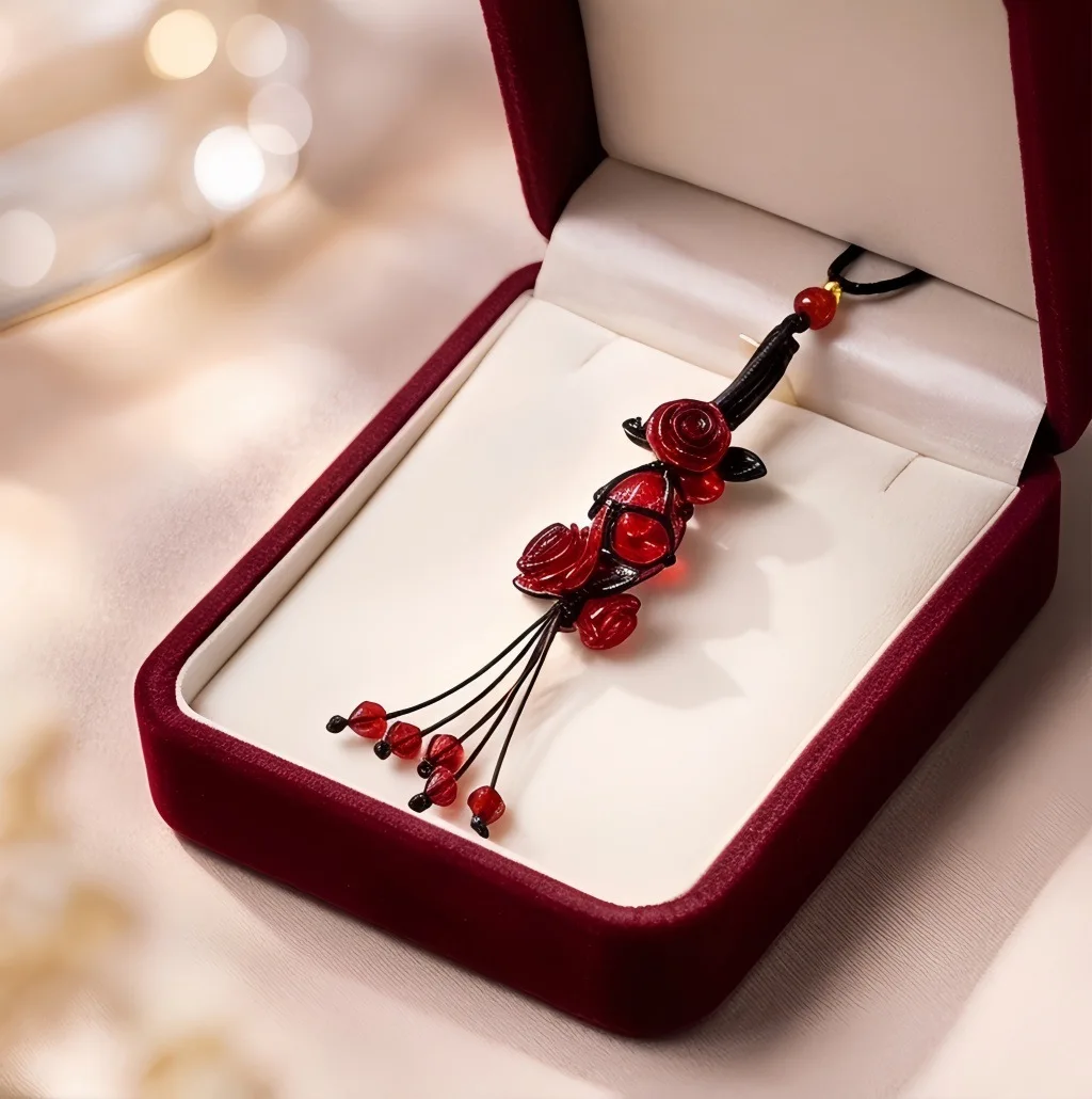 Chinese Style Hand Braided Long Necklace Retro Glaze Rose Tassel Pendant Lucky Blessing Fortune Jewelry Garnet Red Emerald Green