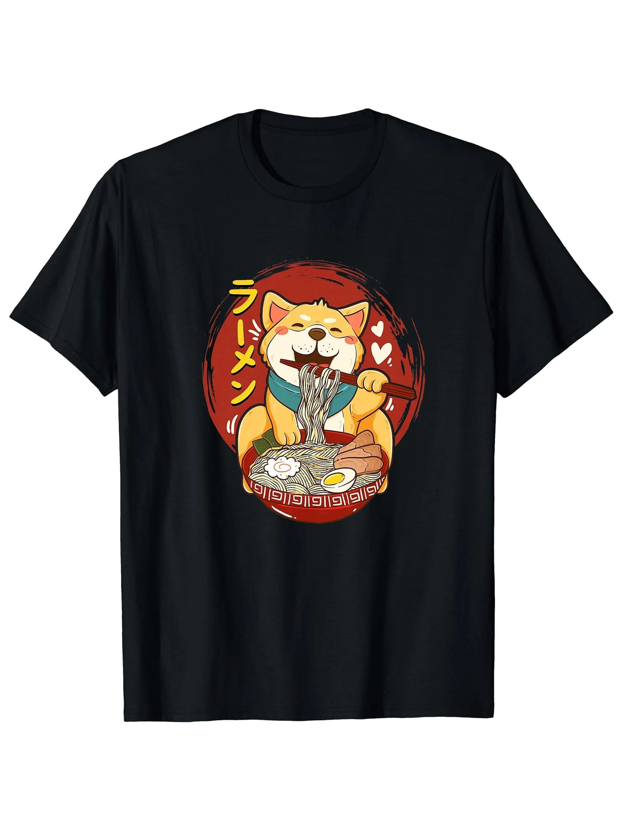 A Single Piece, G Single-Sided Print Round-Neck Short-Sleeve Men'S T-Shirt, Featuring a Dog Eating a Bowl of Ramen Soup, a Cute