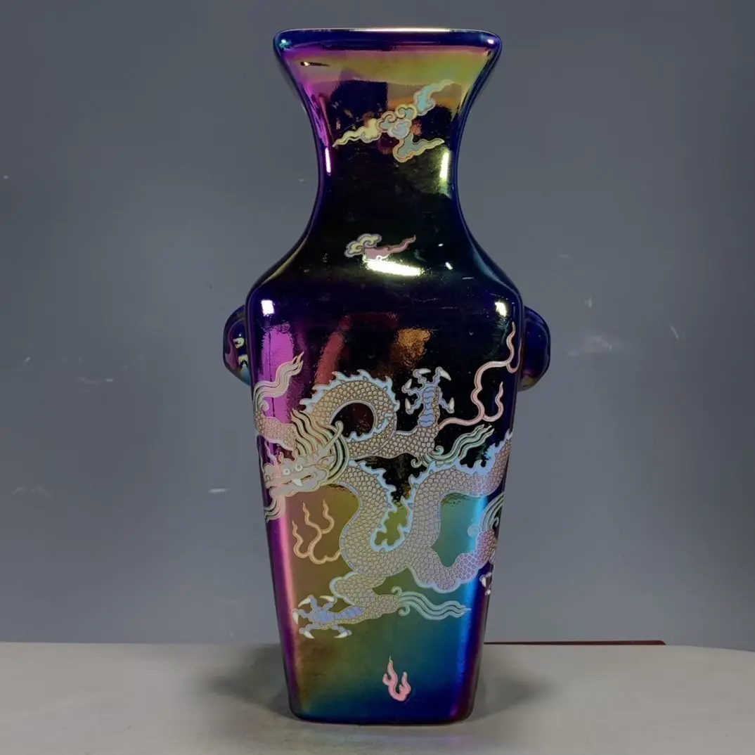 Chinese style Qing Dynasty Qianlong Ru kiln luminous colorful dragon pattern double ear vase antique ceramic ornament