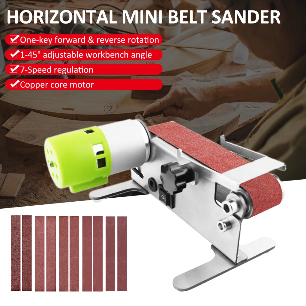 Mini Belt Sander Electric Sanding Polishing Grinding Machine Small Sand-Belt Machine 7-Speed Adjustable with 10 Sanding Belts