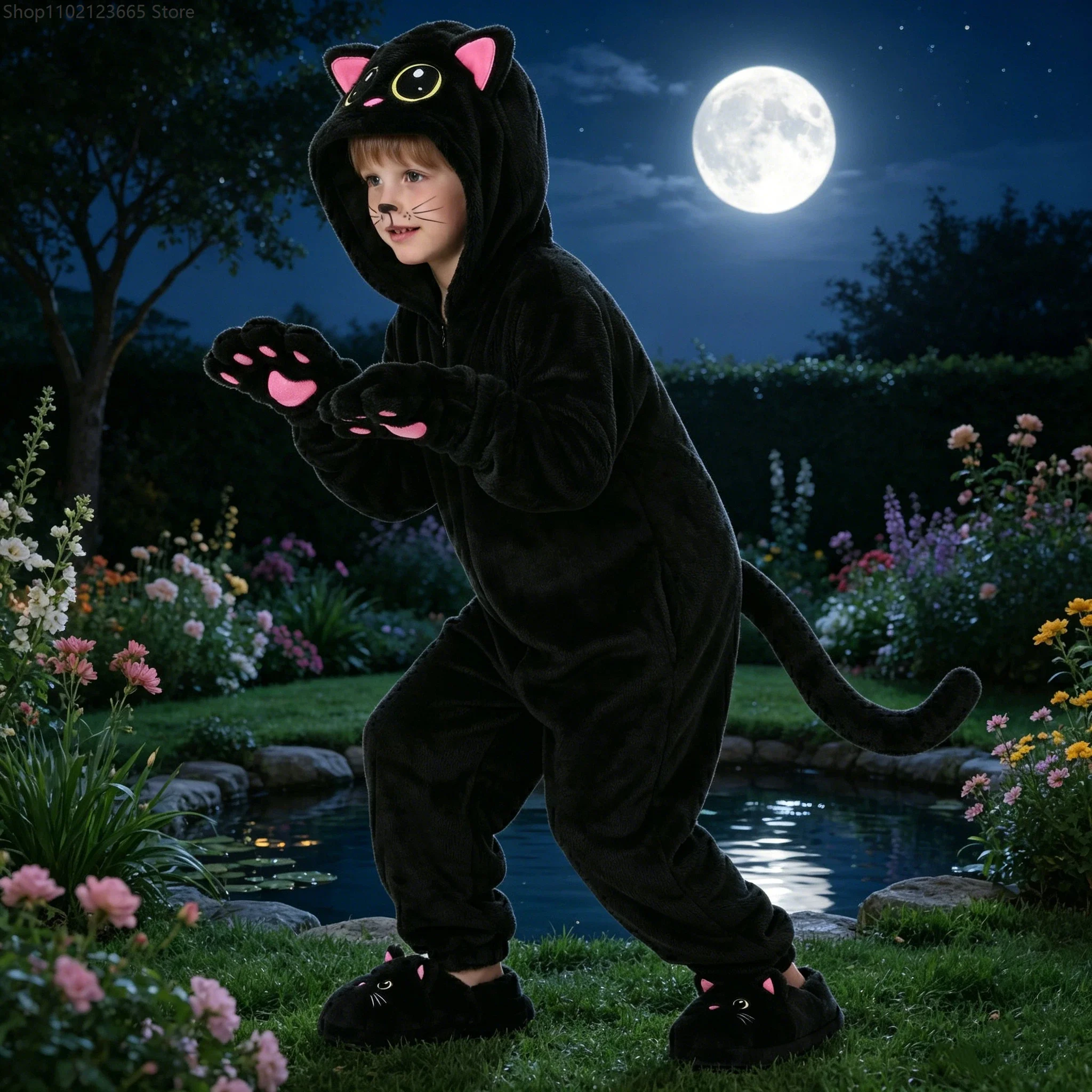 

Halloween Cute Black Cat Cosplay Costume Enfant Toddler Unisex Onesie Hooded Jumpsuit Niño Niña Pajamas Warm Niños Sleepwear
