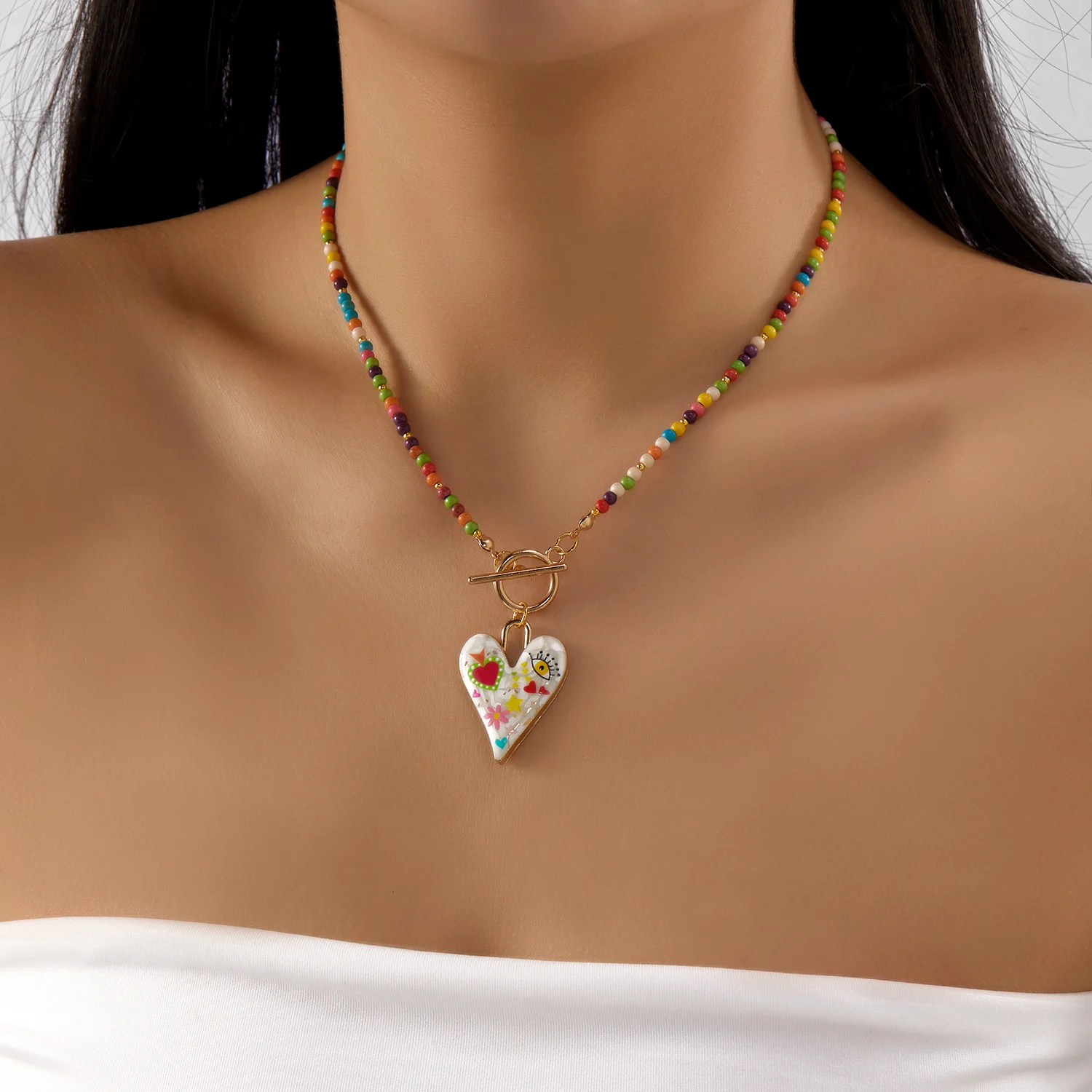 

Bohemian Colorful Beads Choker Necklace for Women Round Lucky Evil Eye Heart Pendant Necklace Fashion Jewelry Y2k Accessories