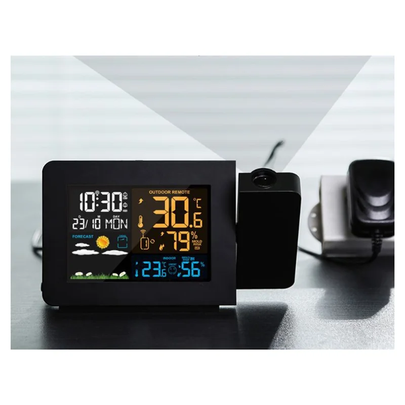 FULL-Weather Station Thermohygrometer Suitable Forindoor Andoutdoor Withsensor Wireless Digital Projection EU Plug