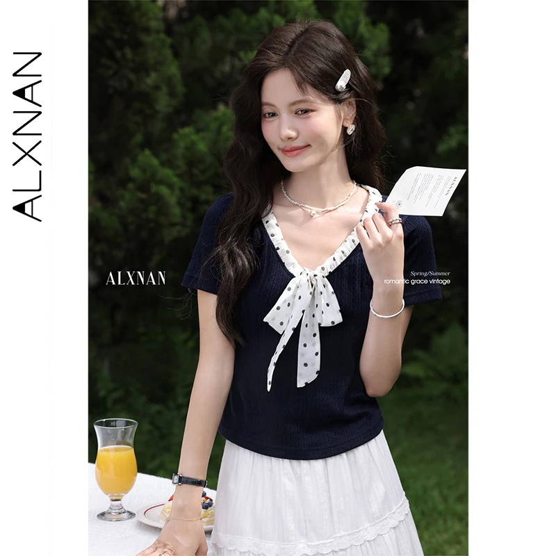 

ALXNAN Dark Blue T-shirt Women Patchwork Polka Dot Strappy V-neck T-shirts 2025 Summer Casual Elegant Short Sleeve Tops L56057