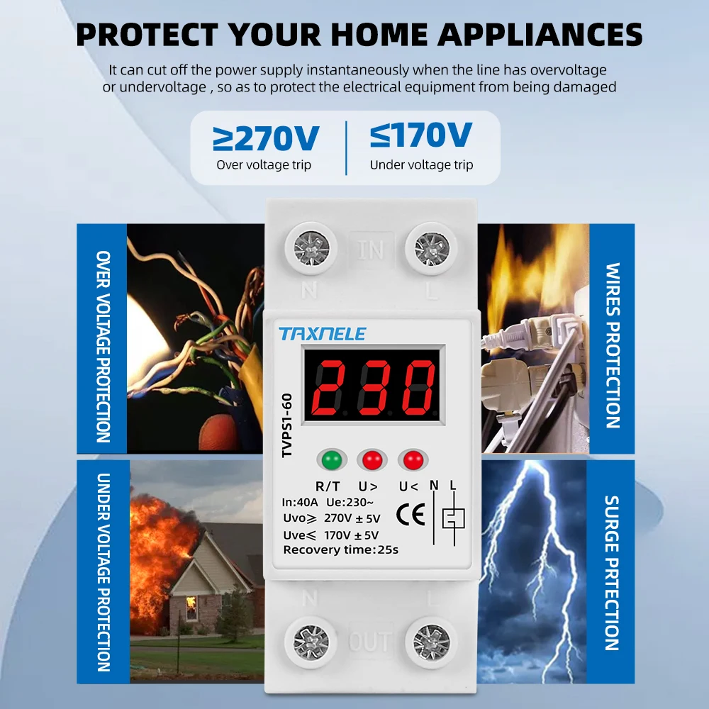 230V AC 40A 63A Din Rail Automatic Recovery Reconnect Over Under Voltage  Protective Device Overvoltage Protector LED Display