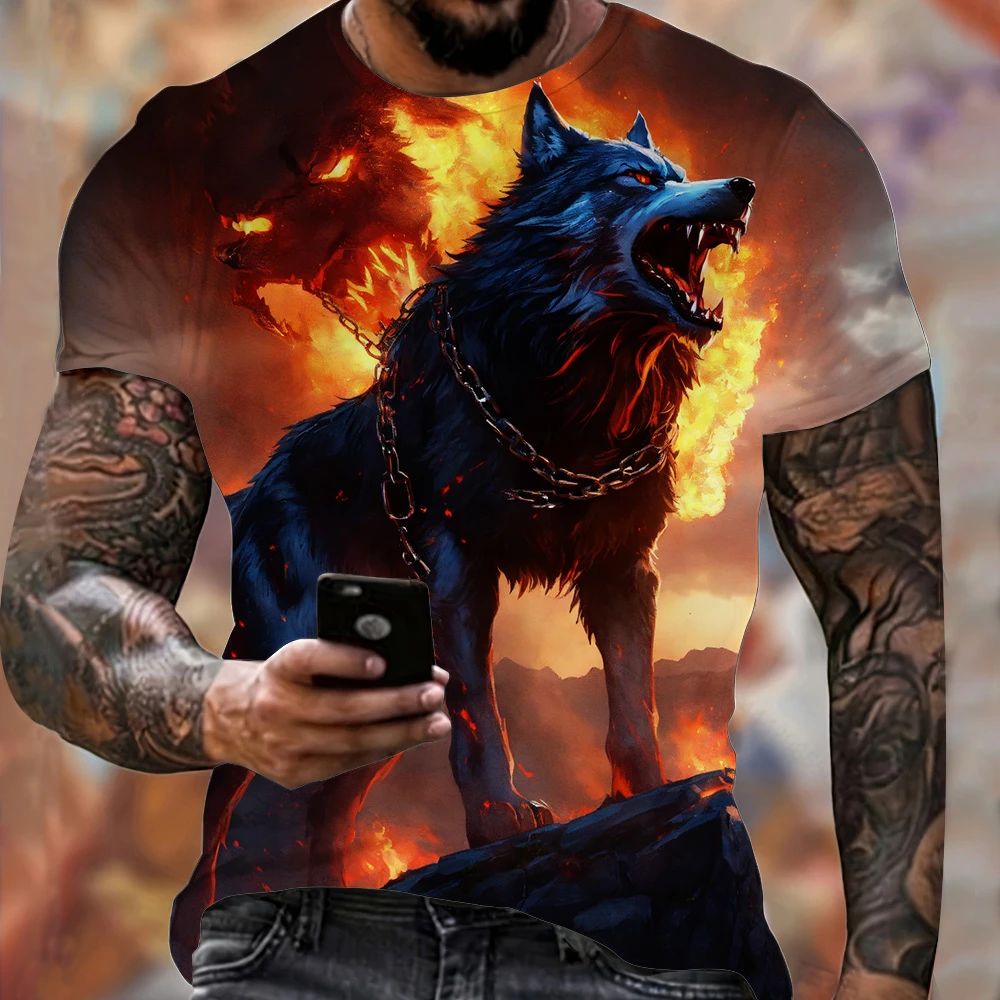 Summer Men\'s Lightweight Fitness Sports T-Shirt Cool Fire Wolf Graphic 3D Print Short Sleeve Casual Loose Streetwear Men\'s Tops