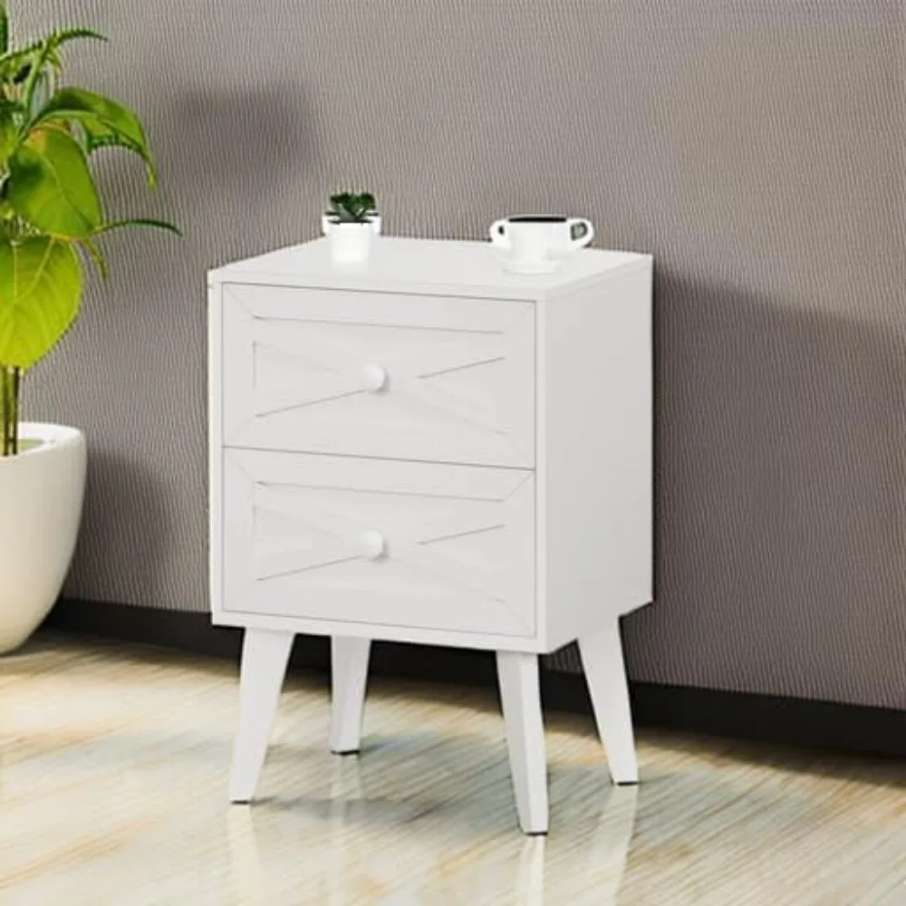 Nightstand, White End Table with 2 Drawers Barn Door Decorated, Mid Century Modern Night Stand, Bed Side Table with Storage, So