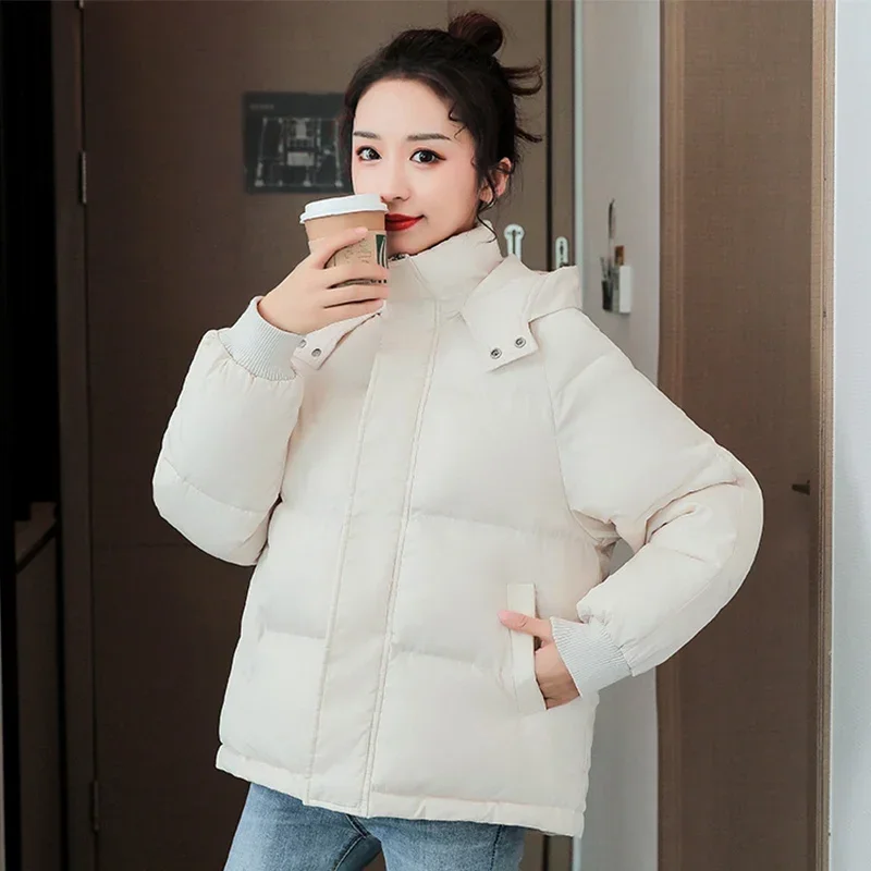 

2025 New Women Winter Concise Stand Collar Hooded Parkas Button Zipper Up Cotton Jacket Woman Pocket Thickened Warm Coats Female