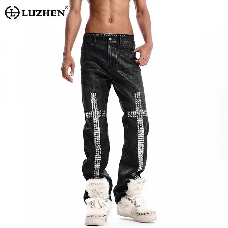 LUZHEN 2026 New Sequin Diamond Patchwork Decorate Straight Jeans Men's Fashion Handsome Street Slim Casual Denim Pants JY7539