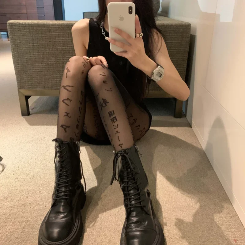 Dünne, Transparente Strumpfhose mit Tattoo-Muster für Damen, Sexy Japanische Kanji-Buchstaben-Druck Strumpfhose, Mädchen Persönliche Durchsichtige Strümpfe – Detail 12