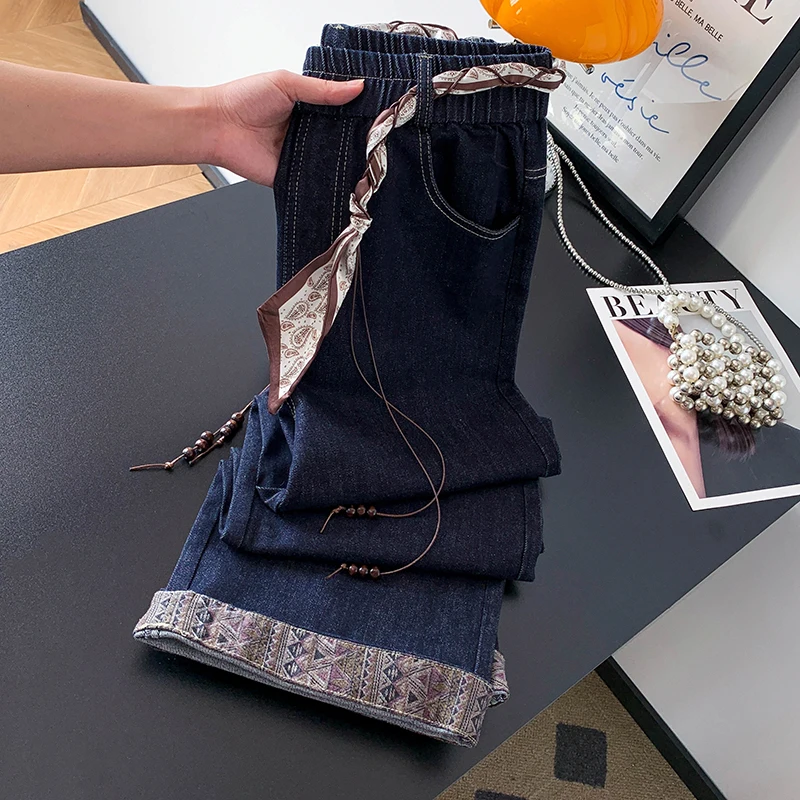 High Waist Wide Leg Denim Jeans Women's Vintage Slim Scarf Belt Straight Leg Pants Casual Cotton Long Trousers Autumn 2025