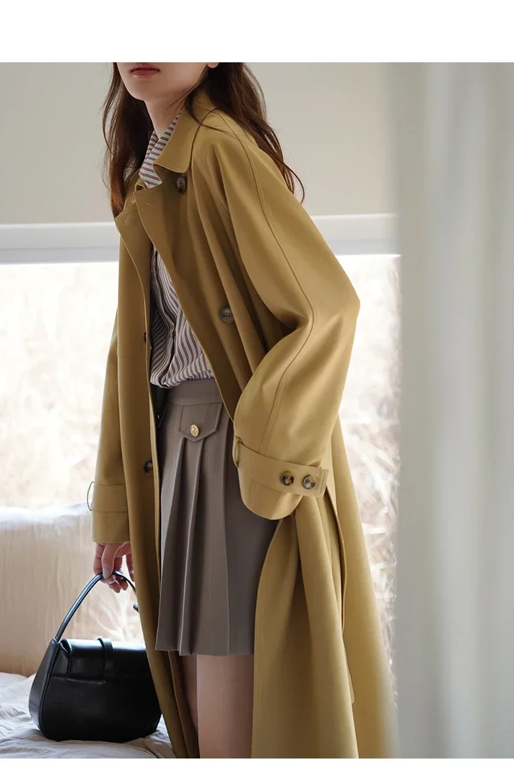 Khakifarbener zweireihiger Trenchcoat für Damen, britischer Retro-Stil, mittellanger Mantel, 2025, neue winddichte, elegante, lässige Oberbekleidung