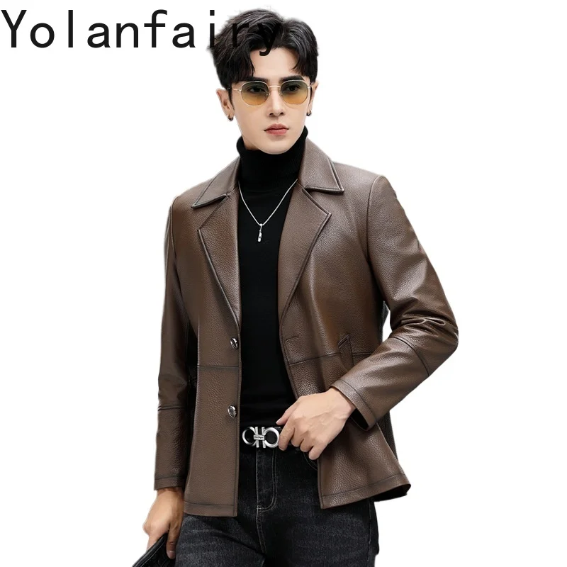 YOLANFAIRY Genuine Leather Man Jackets Autumn Winter Clothes Motorcycle Jacket Mid-length Coats Top Layer Cowhide Coat for Men
