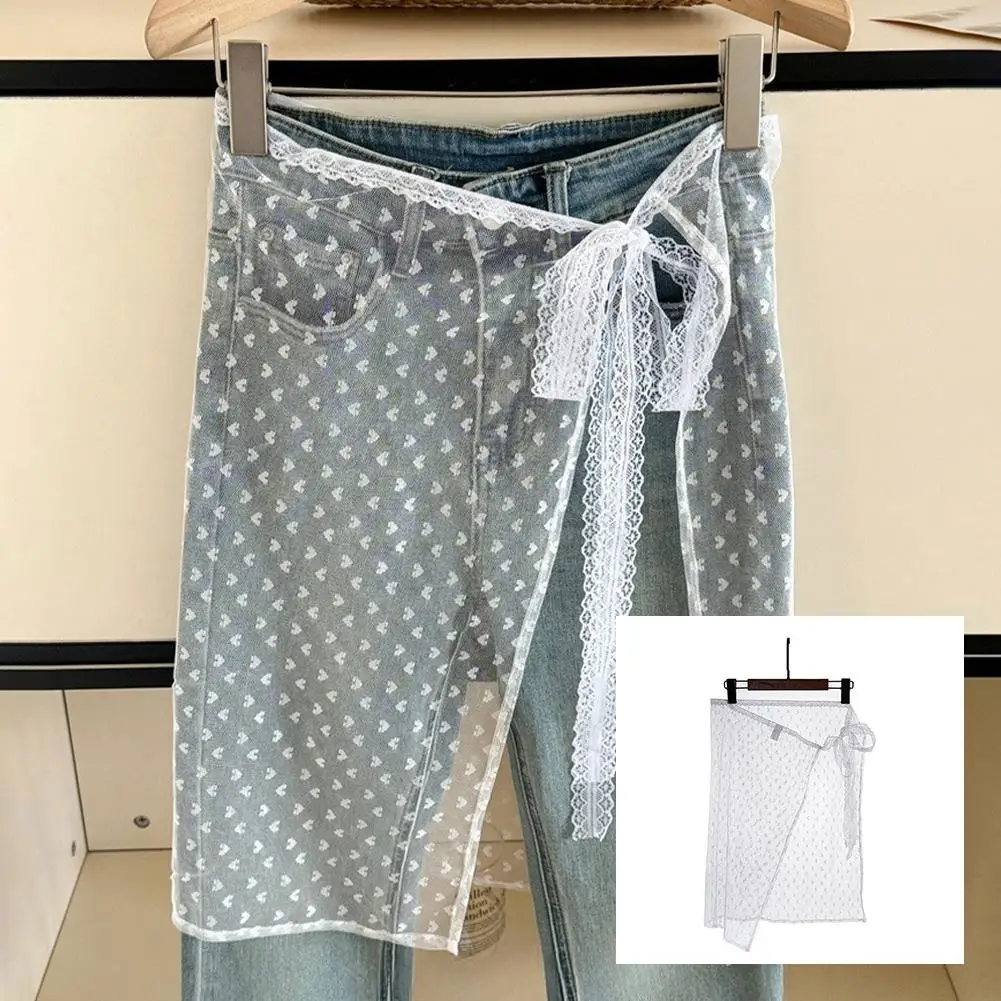 Women Lace Skirt Floral Mesh One-Piece Tie Up Y2k Layered Skirt, Wrap Tie Side Coverup Skirt Overlapping Jeans Decorate Skater